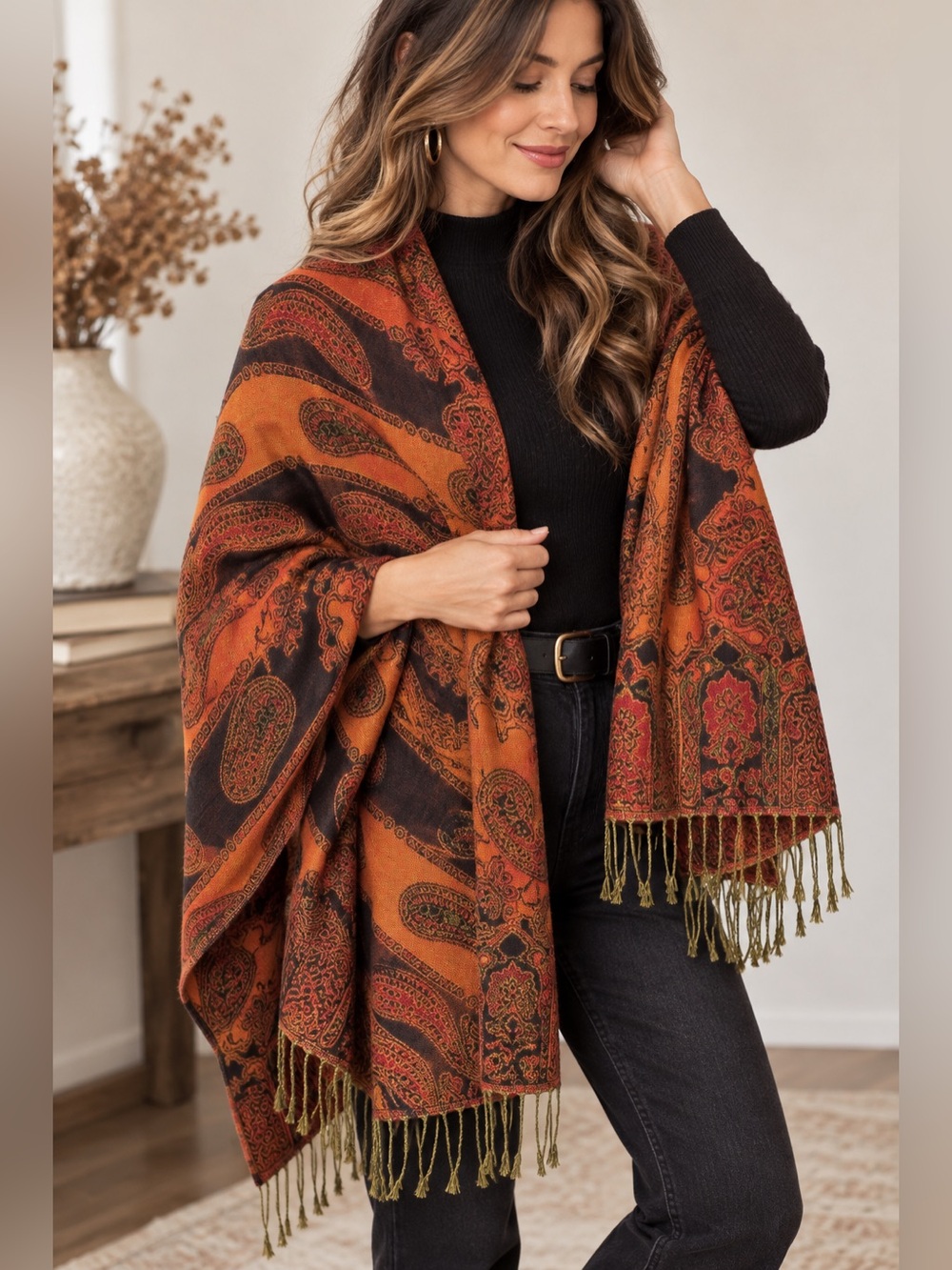 D&G Pashmina Cashmere Silk Paisley Shawl Wrap Scarf Boho Rust Green Fringe